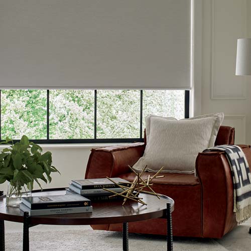 room darkening window shades in neutral fabric on windows with black trim