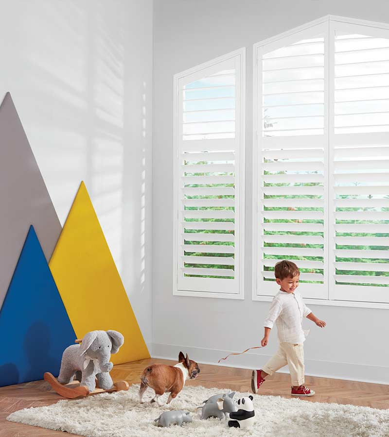 dog chasing boy in playroom with white wood shutters in Rocklin, CA