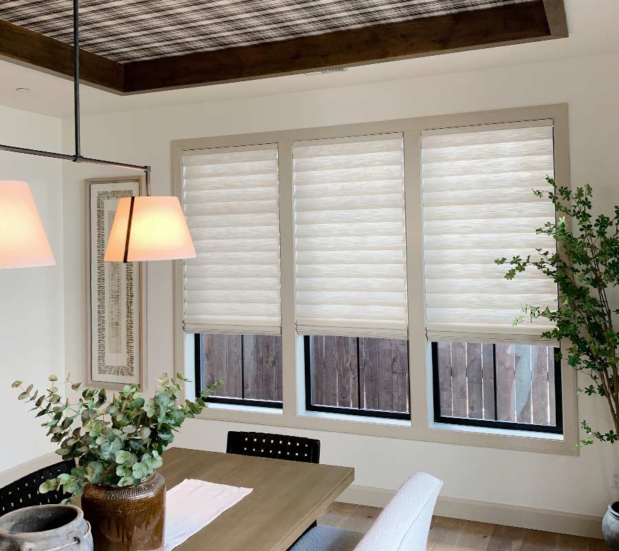 soft fabric roller shades in eggshell white in el dorado hills, ca dining room