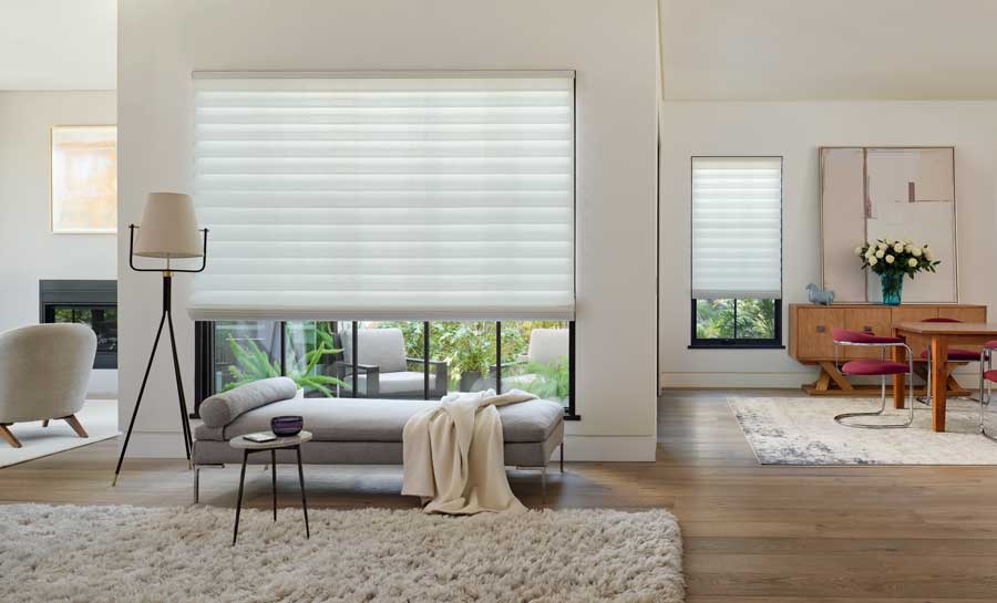 open floor plan with modern romas shades in roseville, california living room