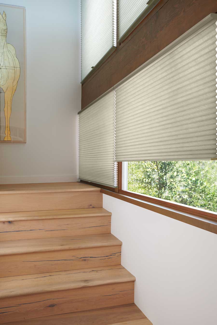 honeycomb shades protect staircase windows in roseville