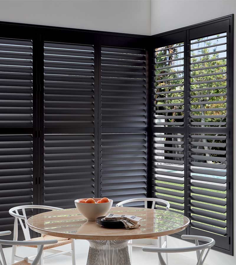 black hardwood shutters for windows corner breakfast nook
