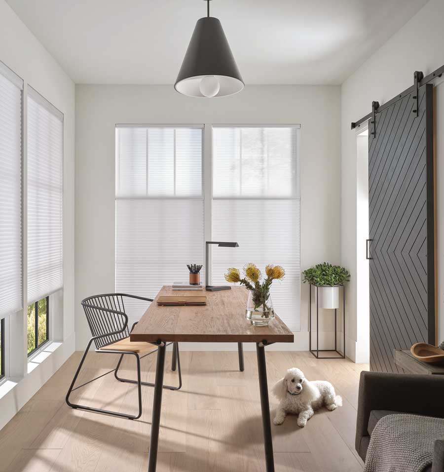 duette honeycomb shades on large windows home office window treatments in Roseville CA