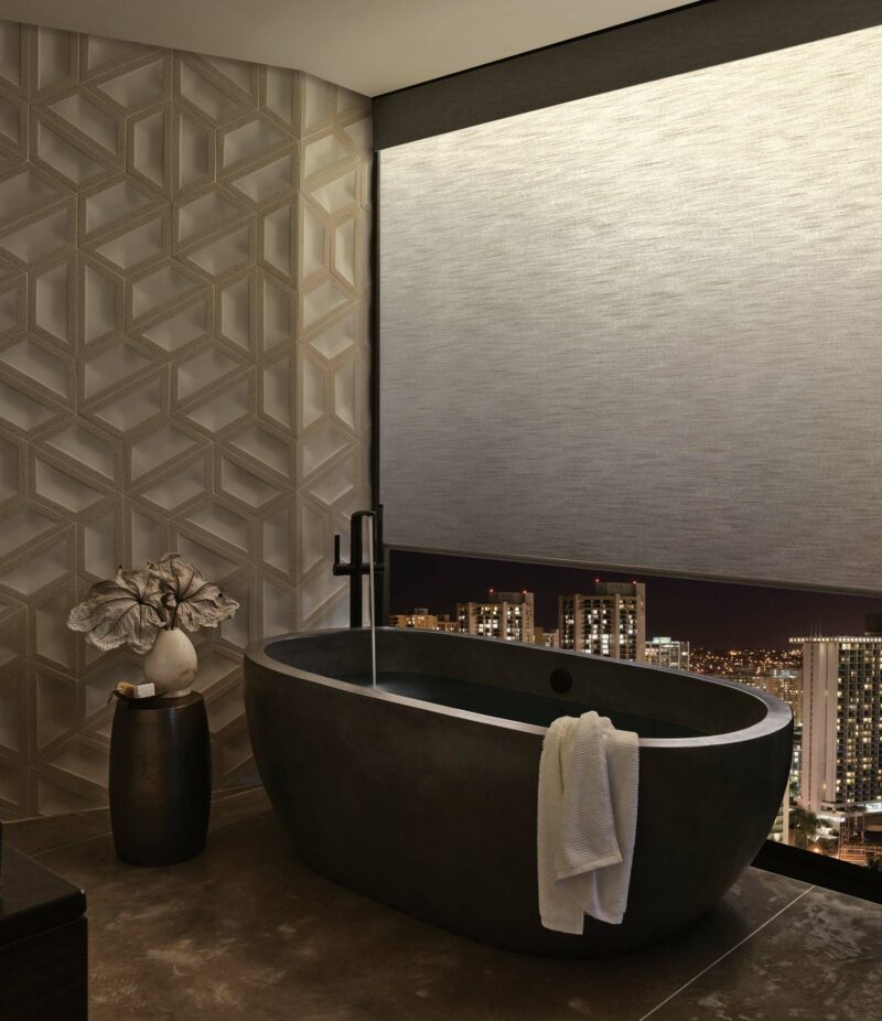 bathroom with Aura illuminated shades for privacy in Roseville, CA home