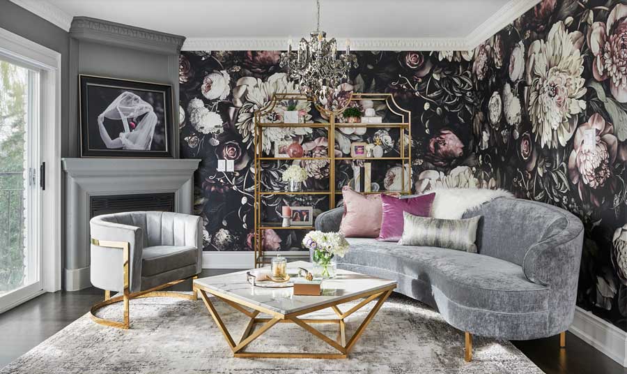 bold and beautiful living room with floral wallpaper color inspiration