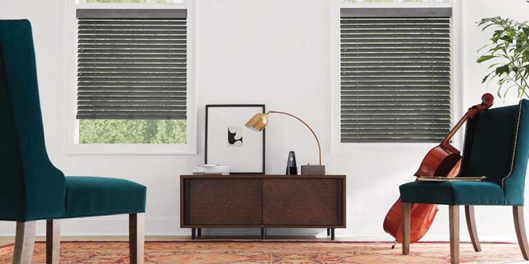 pantone color inspiration with two chairs and window shades with gold lamp