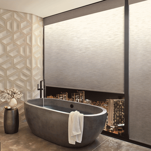 bathroom with aura LED light up roller shades