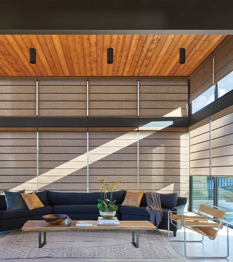 Floor-to-ceiling Roller shades in a modern Roseville living room