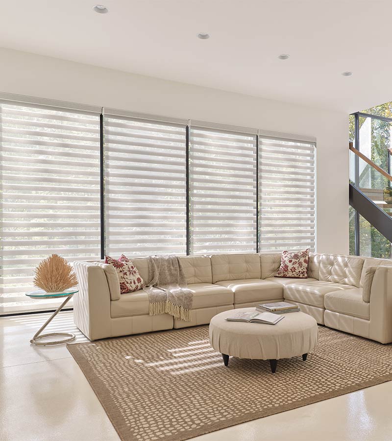 Designer banded Roller shades shades diffusing sunlight across tall windows