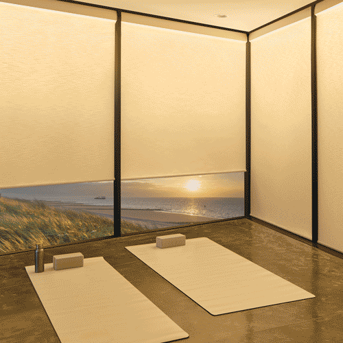 Detail of Aura Illuminated Shade fabric showing layered texture and light diffusion, switching from cool lighting to warm