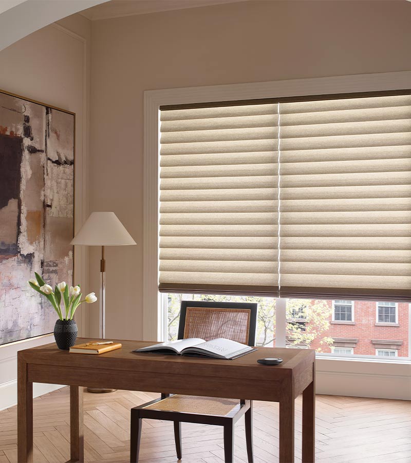 vignette-roman-shades-home-office-hunter-douglas-california-window-fashions home office with roman shades