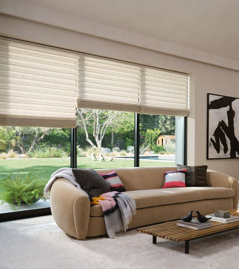 vignette-roman-shades-large-windows-hunter-douglas-california-window-fashions Motorized Vignette Roman Shades with PowerView automation in living room