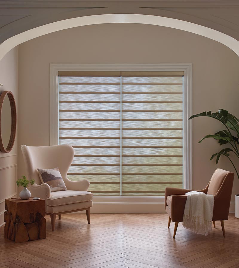 vignette-roman-shades-opacity-sheer-blinds-hunter-douglas-california-window-fashions Roman shades filtering natural light in a California living room