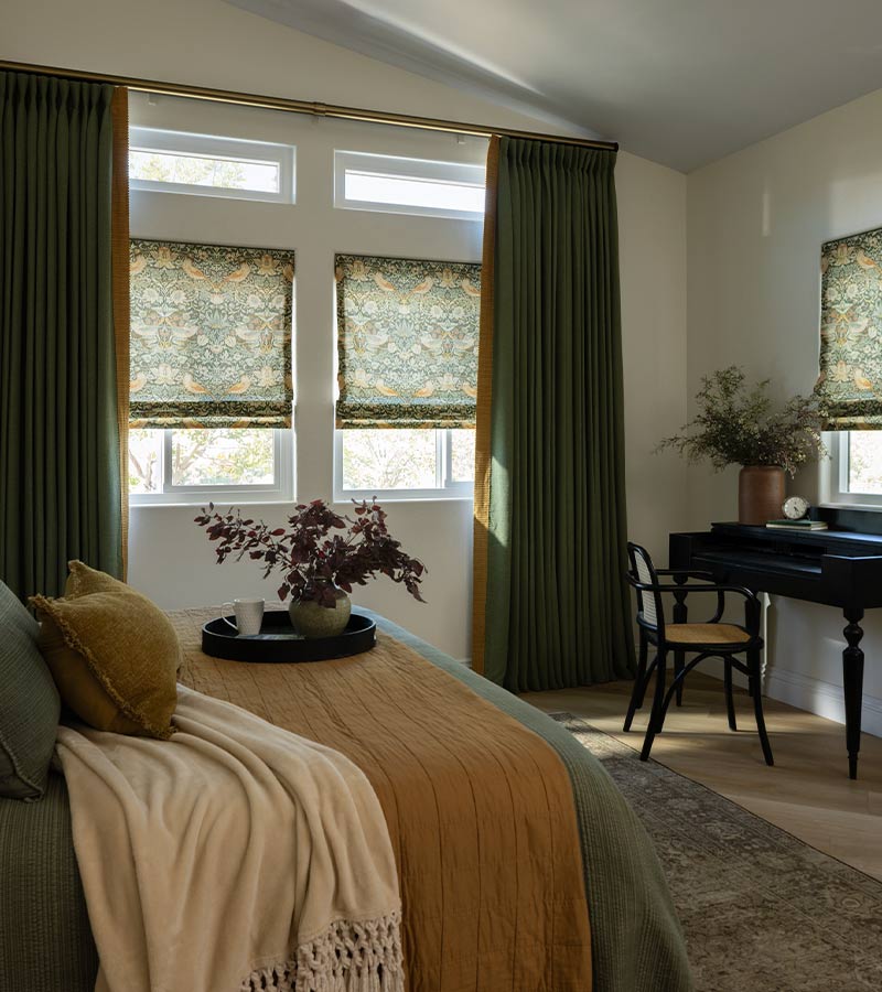 energy-efficient-custom-roman-shades-window-treatments-california-window-fashions green drapery with roman shades in bedroom energy efficient