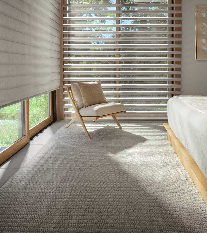 pirouette-window-treatments-floor-to-ceiling-shades-room-darkening-shades-hunter-douglas-california-window-fashions master bedroom with beige pirouette shades with closed and open vanes