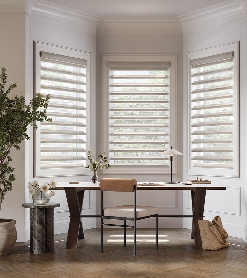 pirouette-window-treatments-home-office-smart-shades-hunter-douglas-california-window-fashions home office with custom pirouette window treatments