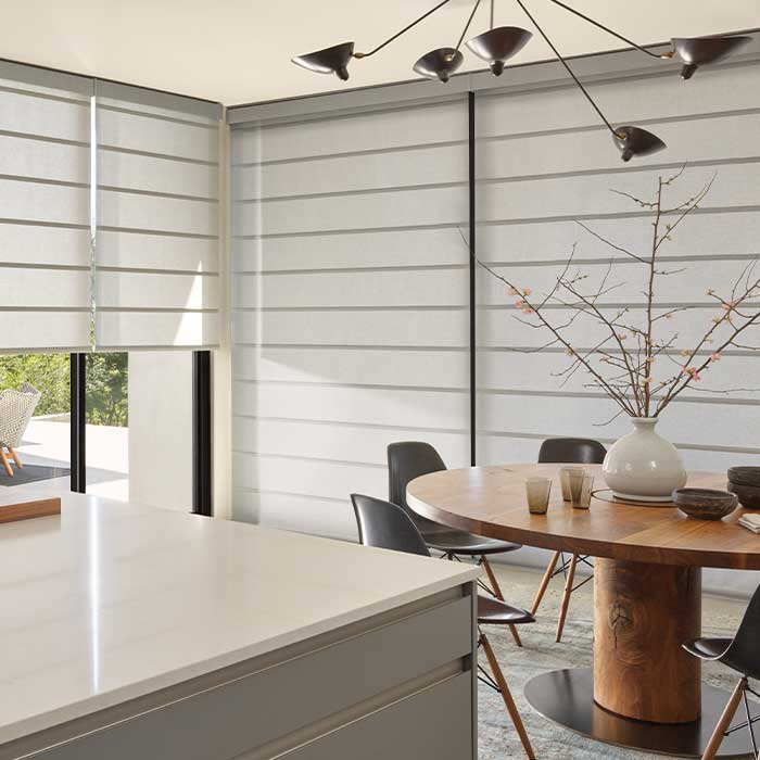 Alustra architectural roller shades on large contemporary windows with outdoor views
